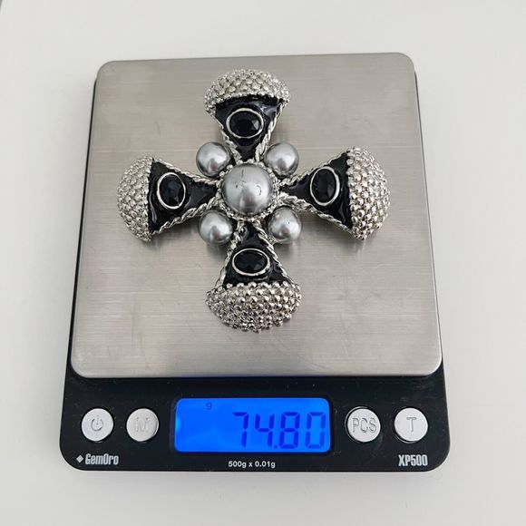 Vintage Maltese Cross Brooch Pin Faux Pearl Enamel Rhinestone 3" Statement Heavy - Picture 10 of 10